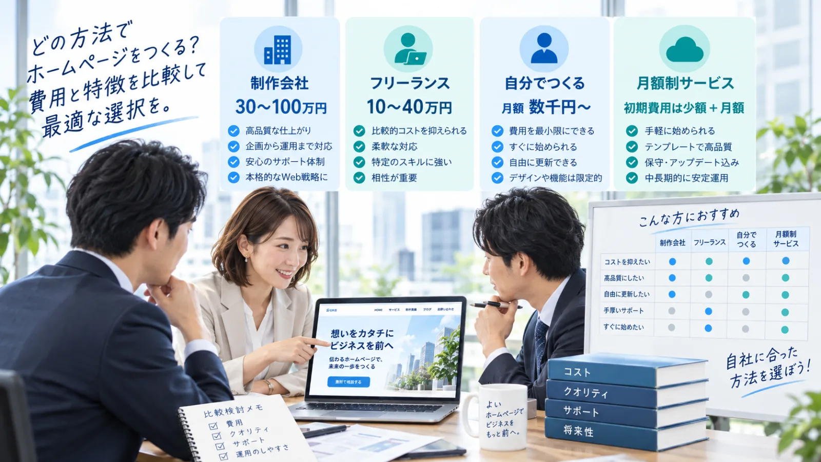 制作会社・フリーランス・自分でつくる・月額制サービスの費用と特徴を比べた図